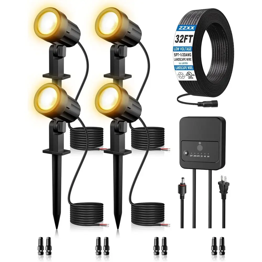 

Комплект из 4 светодиодных ландшафтных светильников с трансформатором, кабелем 32 фута, водонепроницаемые уличные прожекторы 2700K для двора, сада, деревьев и