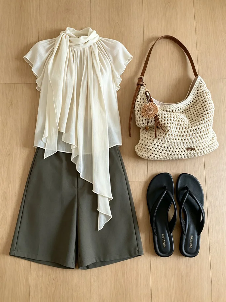 

Korean Style Light Mature Wind Beige Sash Chiffon Shirt Women's Summer New Gentle Atmosphere Versatile Top Asymmetrical Short...