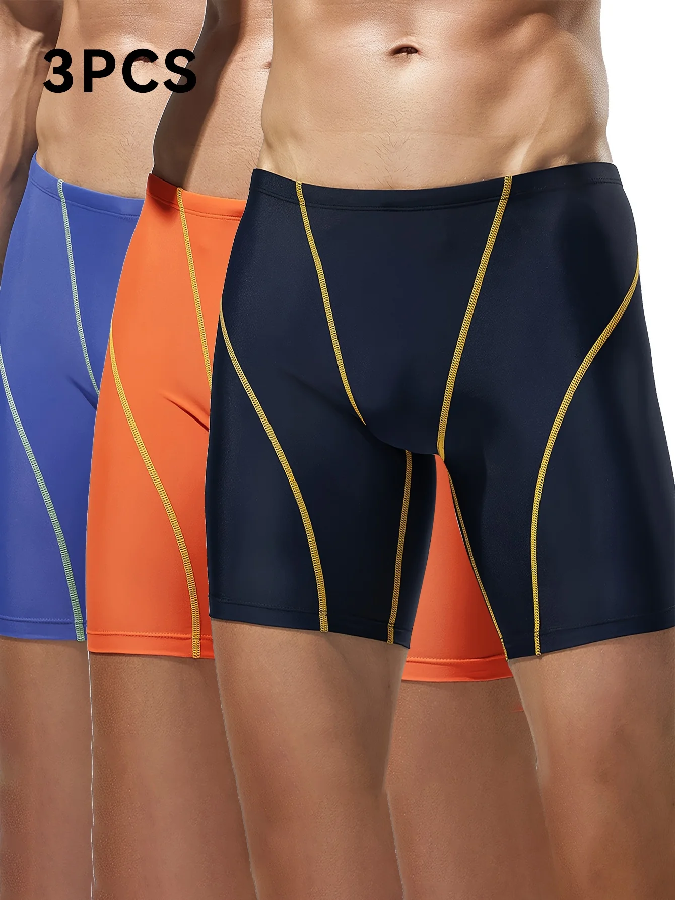 

3-Pack, Men's Solid Color Quick-Drying Tight-Fitting Swimming Trunks, Line Design