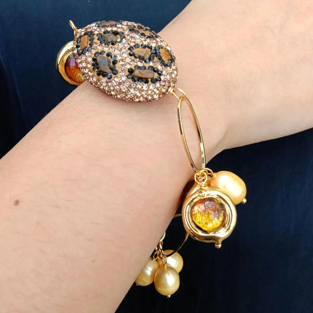 YYGEM  15mm Murono Glass round Freshwater Golden Rice Pearl 24x34mm Tiger Eye Chips Pave Bead  Bracelet