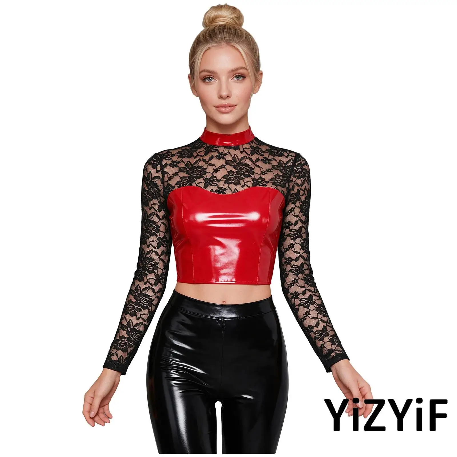 Women Floral Lace Crop Top Patent Leather Patchwork Mock Neck Long Sleeve Back Zipper Tops for Nightclub Rave Birthday Party