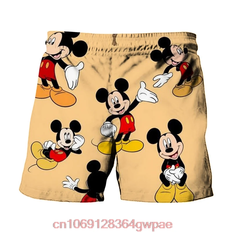 Shorts de praia com estampa anime da Disney para homens, Harajuku, Mickey e Stitch, Minnie, moda casual, novo verão