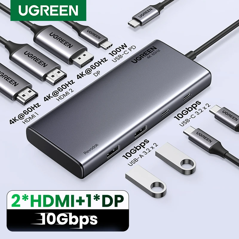 [RU Special]UGREEN Triple Display USB Splitter USB-C to 2xHDMI DP 4K60Hz 10Gbps USB3.2 Gen2 USB-A&C Ports PD100W Docking Station