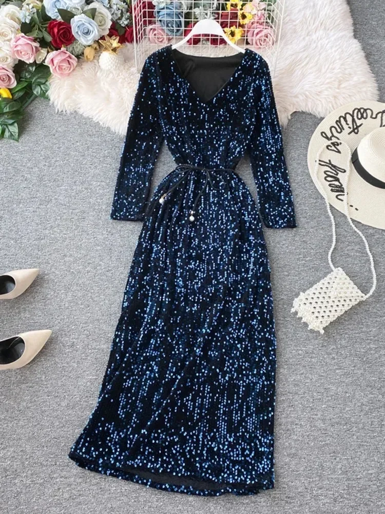 Women\'s Long-sleeved Party Dress New Sequin Temperament Banquet Host Elegant V-neck Waist Lacing Sexy Dress ML454