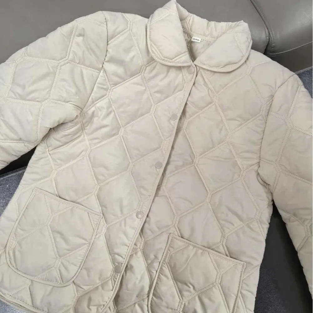 Rhomb Pattern Short Cotton Coat Warm Lining Turn-down Collar Light Jacket Big Pocket Double-sided Wearable Quilted Jacket