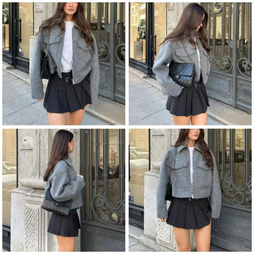 Fall/Winter 2024 Chic Street Coat for Casual Women with Pocket Front Zipper Vintage Lapel Bomber Jacket with Long Sleeves