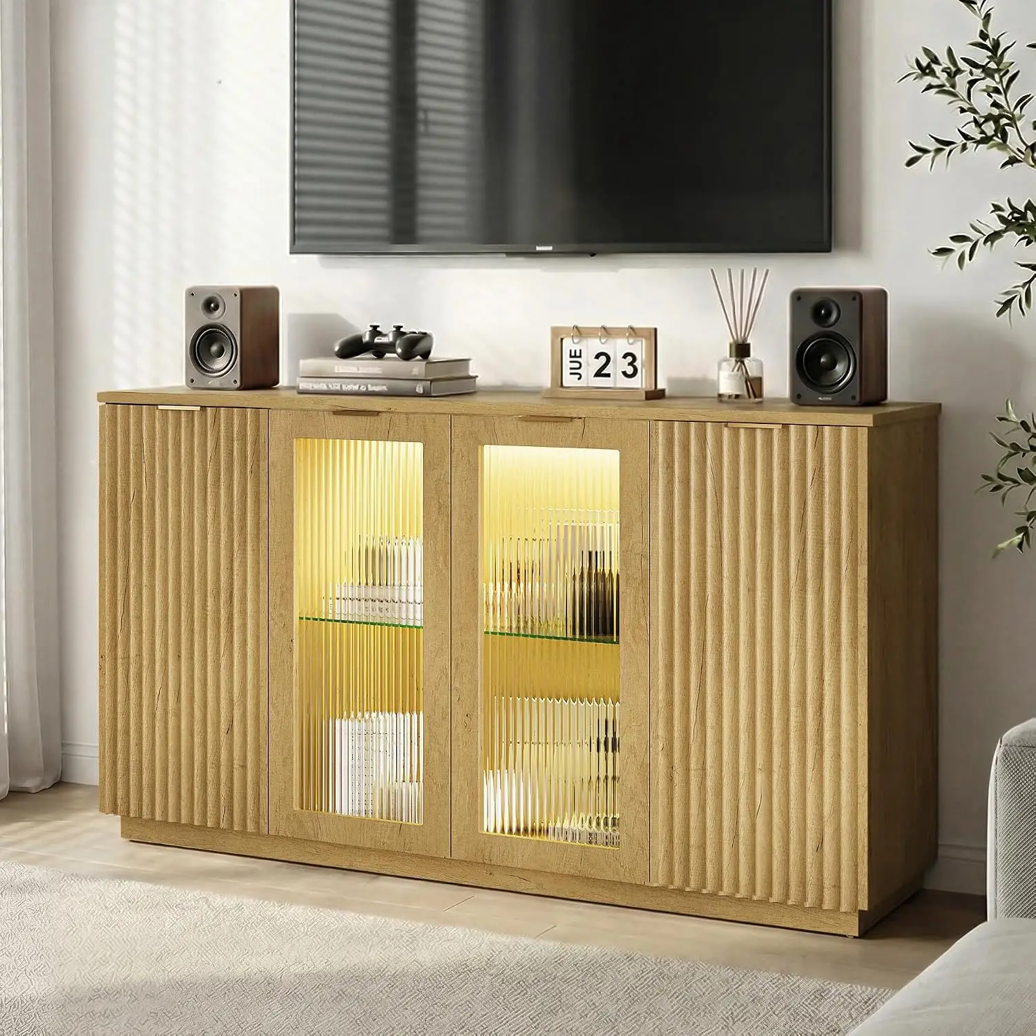 55" Sideboard Buffet Cabinet Glass Doors & LED Lights Storage Adjustable Shelves Coffee Bar Kitchen Living Room Wood, Customized image 6