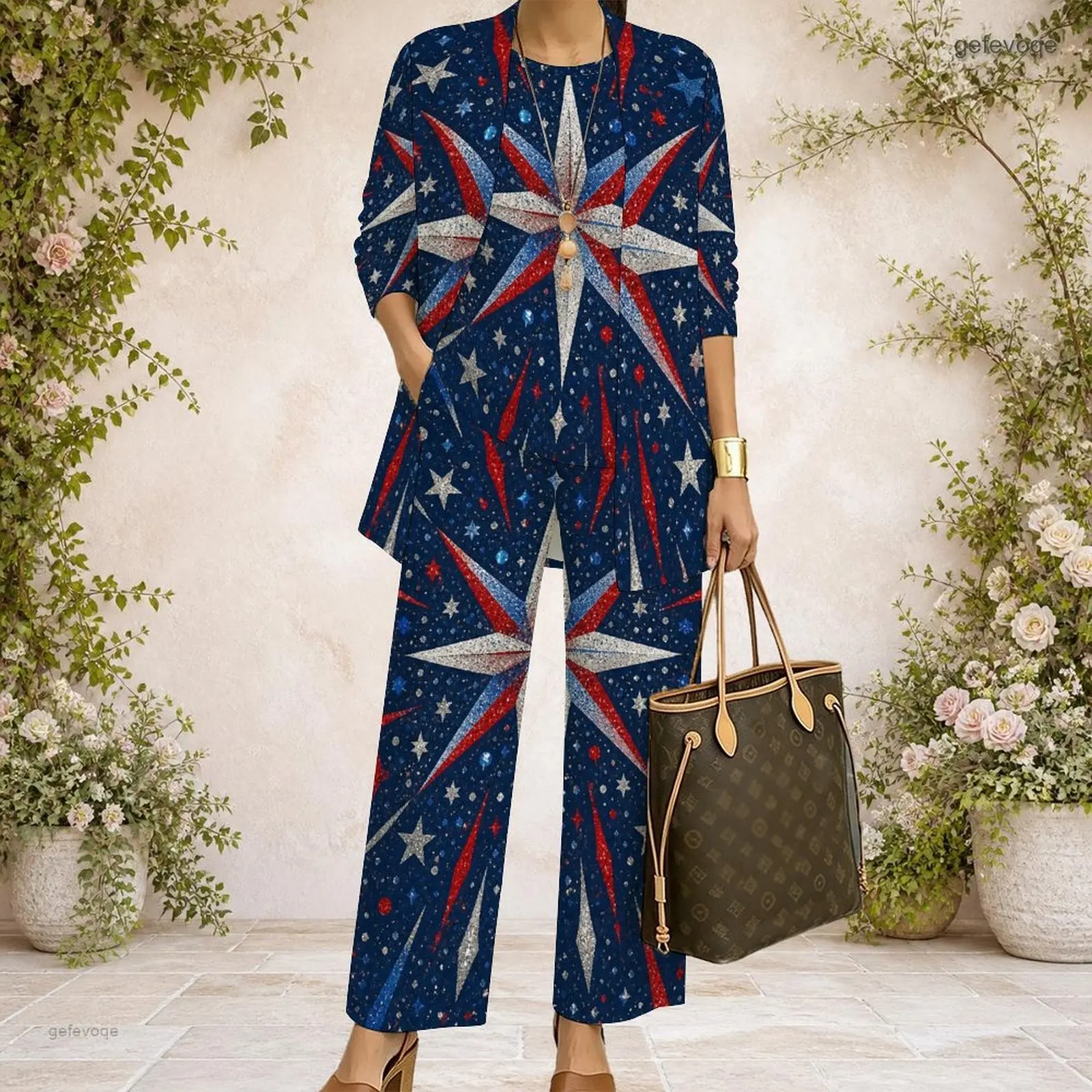 Women 3 Piece Outfit Mid Sleeve Open Cardigan With Tank Top And Wide Leg Pants Set Custom Print Ladies Casual Loungewear