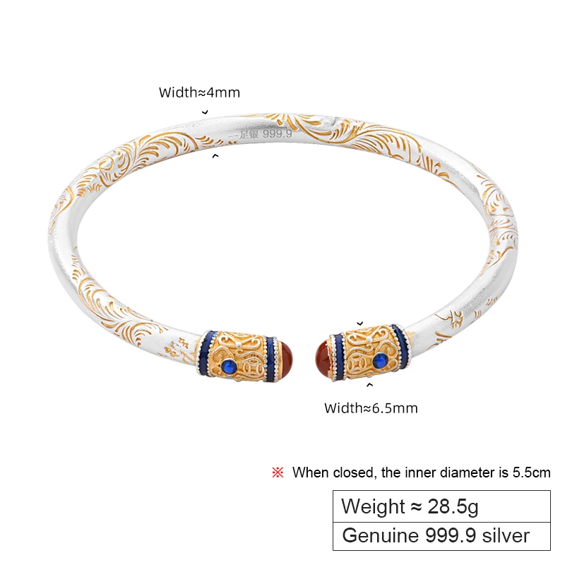 ZABRA 9999 Pure Silver Embossed Gold Scroll Grass Pattern Bracelet for Women, Light Luxury Foot Silver Bracelet