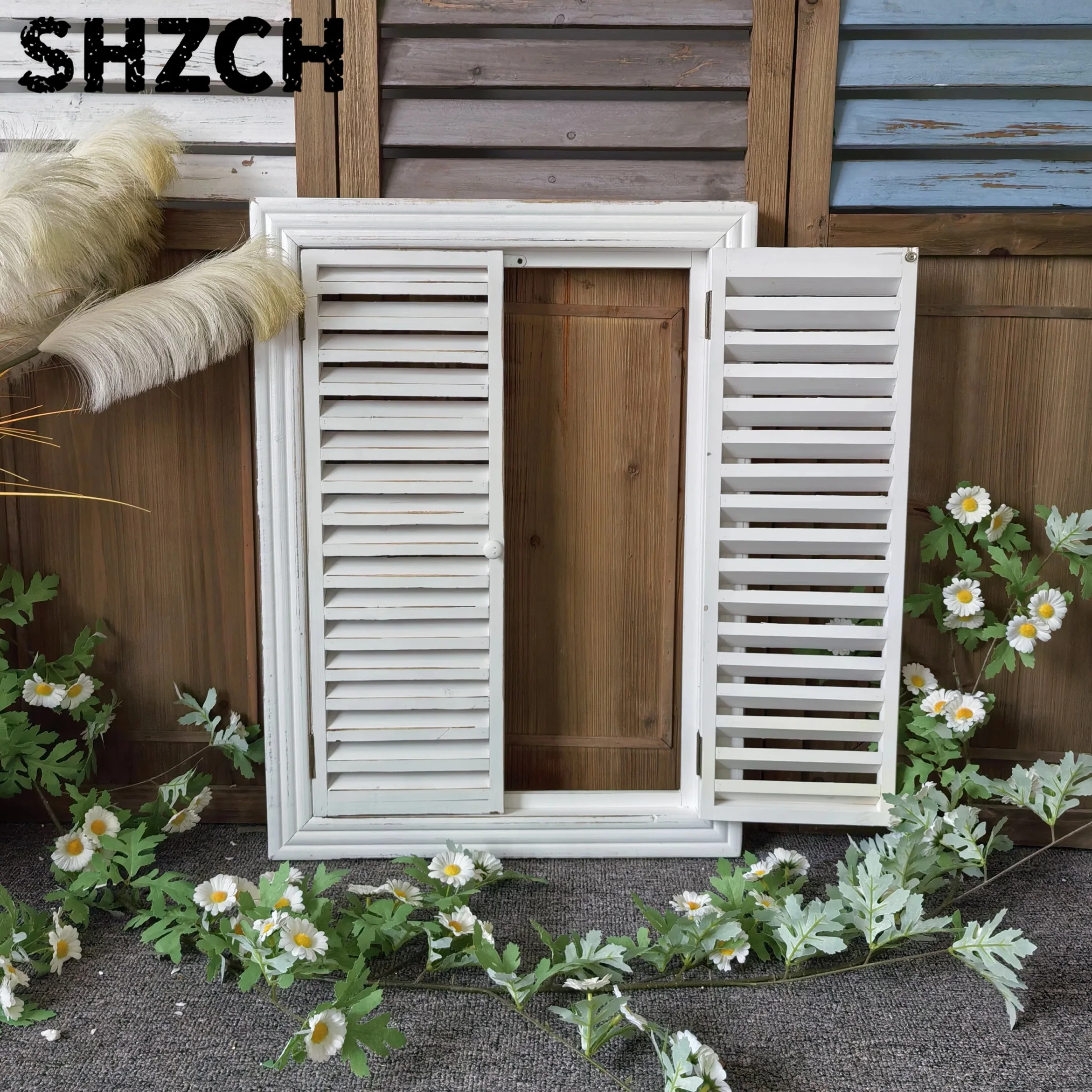 Rustic Distressed Wood Shutter Wall Decor, White, 48x65x3 CM, Vintage Style Decorative Window Panel