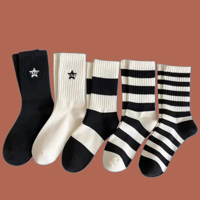 5/10 Pairs New High Elastic Women's Simple Sports Mid Tube Socks Black White Striped Middle Socks Men Women Casual High Socks