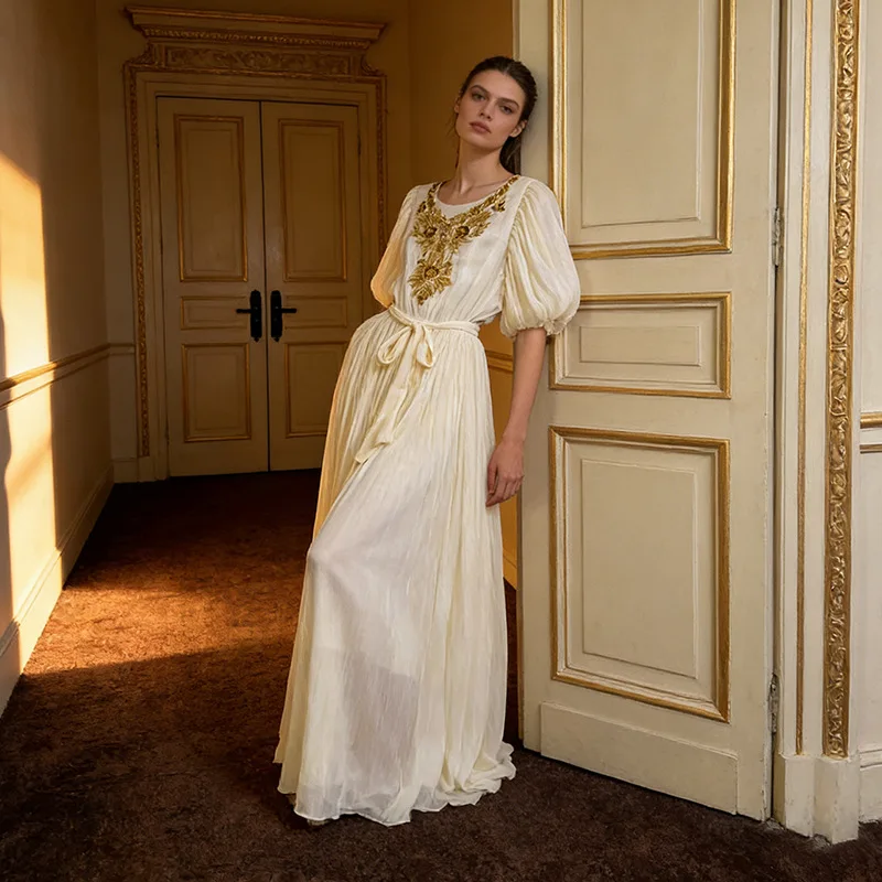 

Luxury Vintage Wrinkle Sequin Dress Spring Women O Neck Puff Sleeve Lace Up Dress High Waist Pullover Loose Floor Length Dress