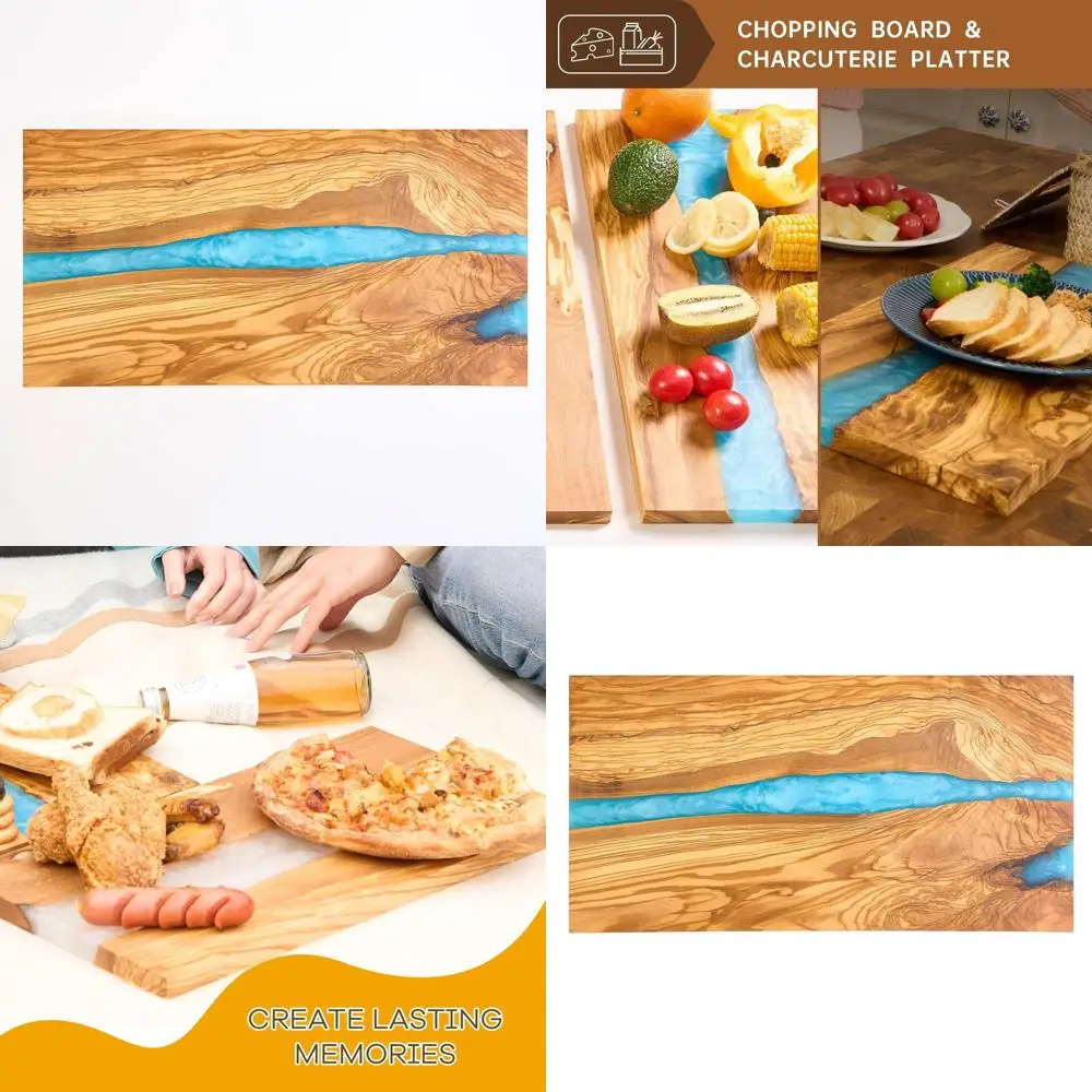 

Luxury Italian Olive Wood Cheese and Charcuterie Board with Blue & White Epoxy Resin for Meat, Vegetables, and Fruit Cutting