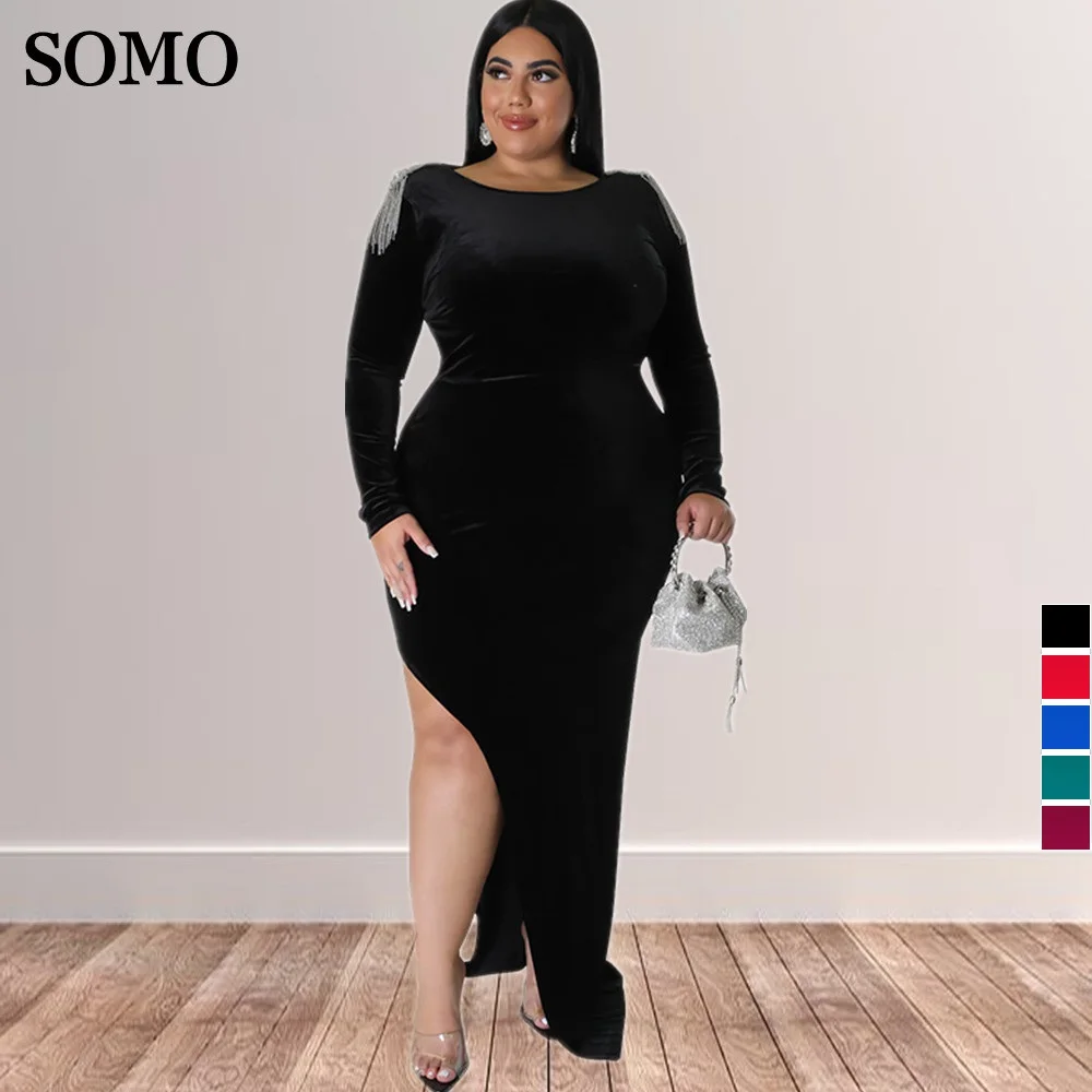

SOMO Winter Solid Hollow Out Long Sleeve Split Dress Fashion Tassel Slim Sexy Plus Size Evening Dresses Wholesale Dropshipping