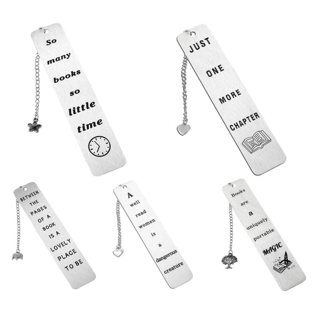 Marque-livre en acier inoxydable avec pompon, pendentif en métal, fournitures de lecture, accessoire pour la rentrée scolaire