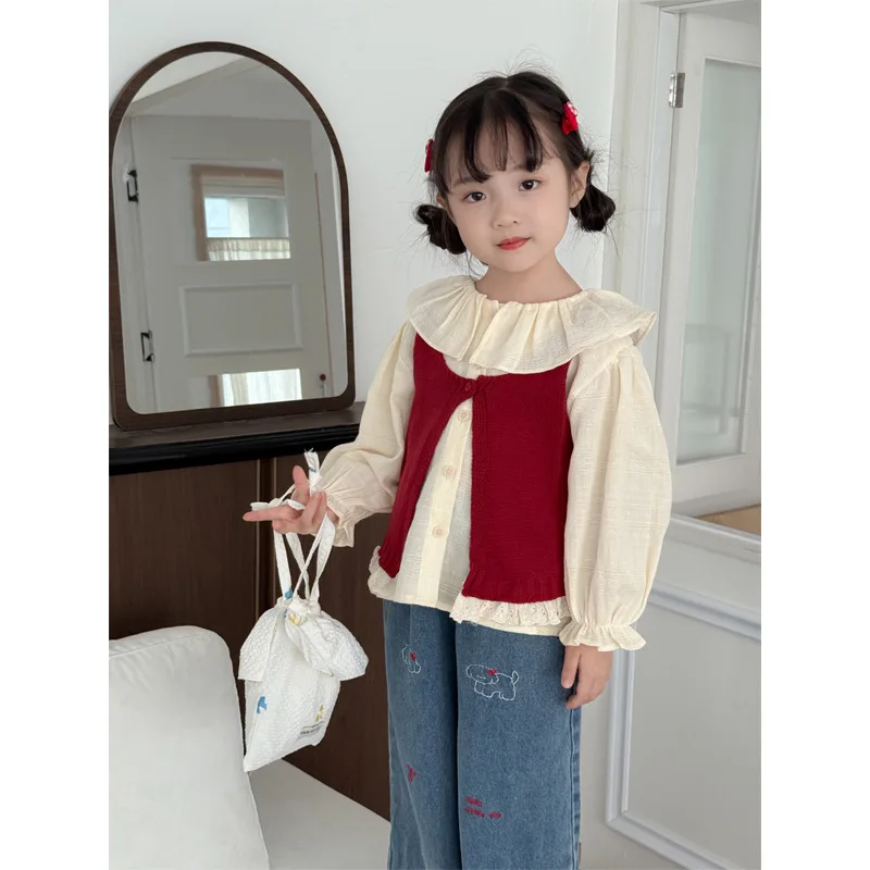 Children's clothing autumn new style girls' woolen vest doll collar shirt two-piece children's outfit top