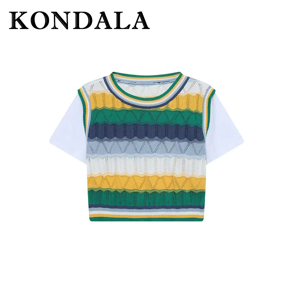 KONDALA Chic Striped Fashion 2025 Knit Short Sleeve Patchwork O-Neck Sweater Christmas Casual Female Streetwear Female Knitwear