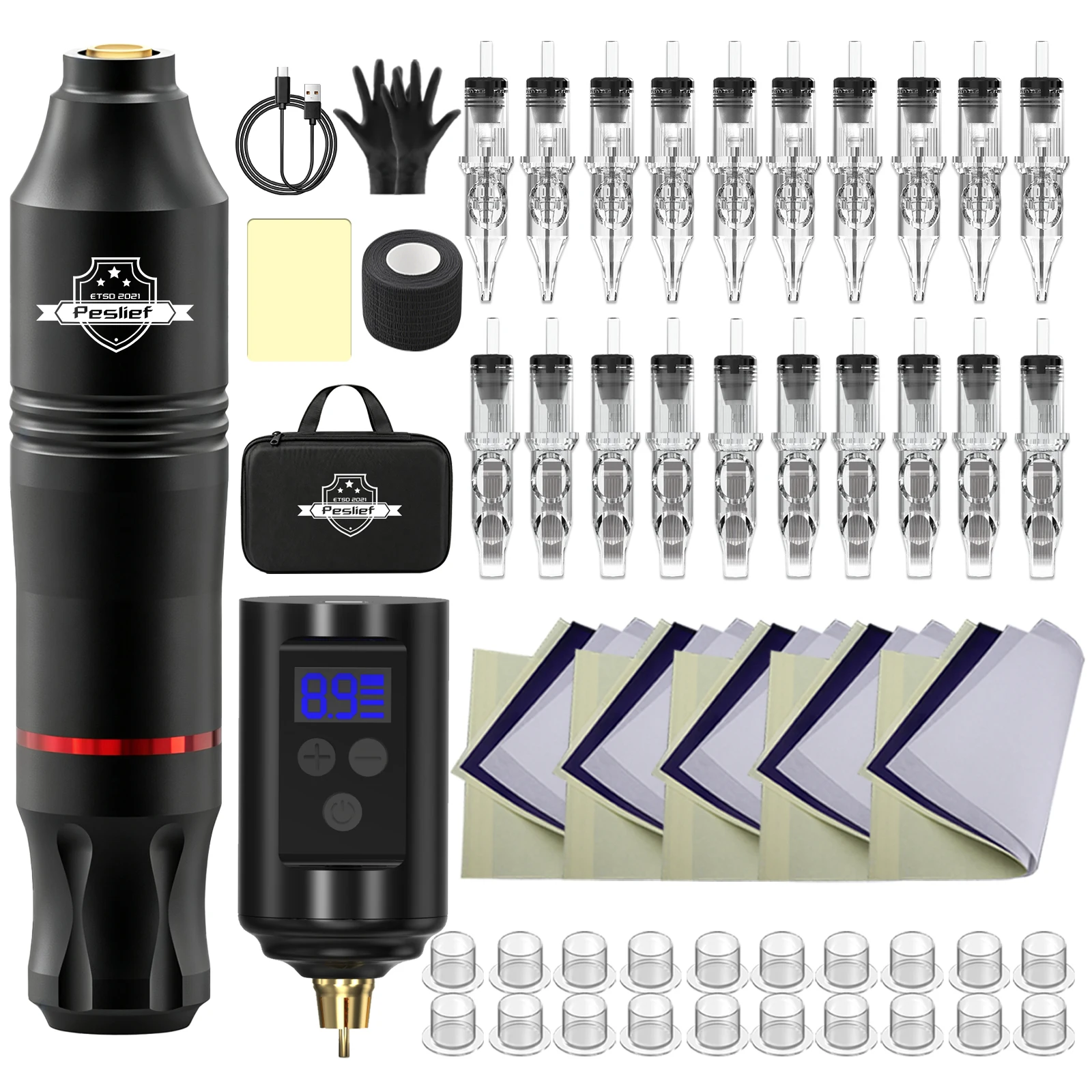 YiLong Wireless Tattoo Pen Kit for Beginners Complete Set with LED Display Power Supply Ink Cartridges Needles Accessories