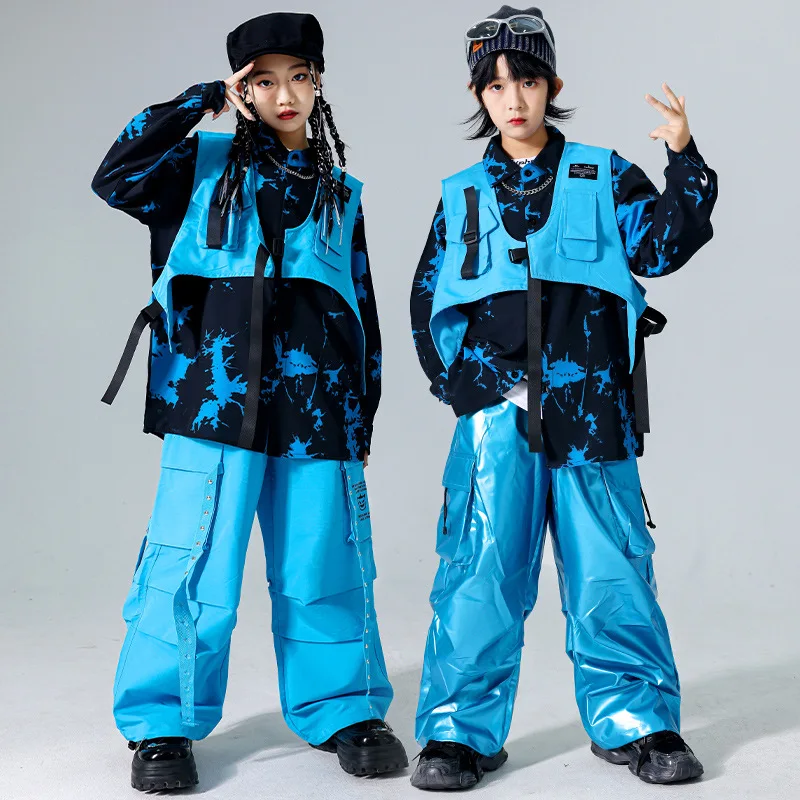 زي أداء الرقص في الشوارع للأطفال، مجموعة سترة صبغ التعادل الزرقاء الهيب هوب للأولاد، زي أداء رقص الجاز للفتيات