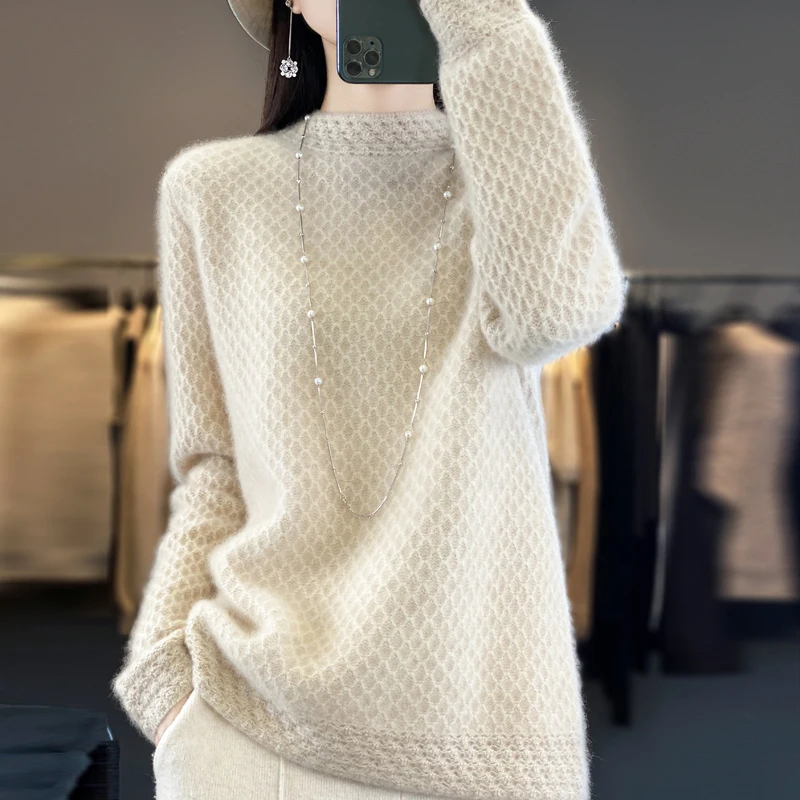 

100% Australian Pure Wool Knitted Women's Half high Neck thick Honeycomb Needle Diamond Jacquard Wool Knitted Bottom Sweater