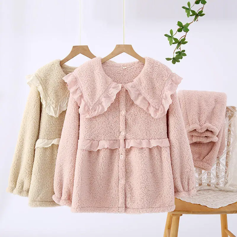 

Зимний пижамный костюм, женский фланелевой утепленный комплект ночного белья из флиса ягненка, милый минималистичный комплект домашней одежды на флисовой подкладке