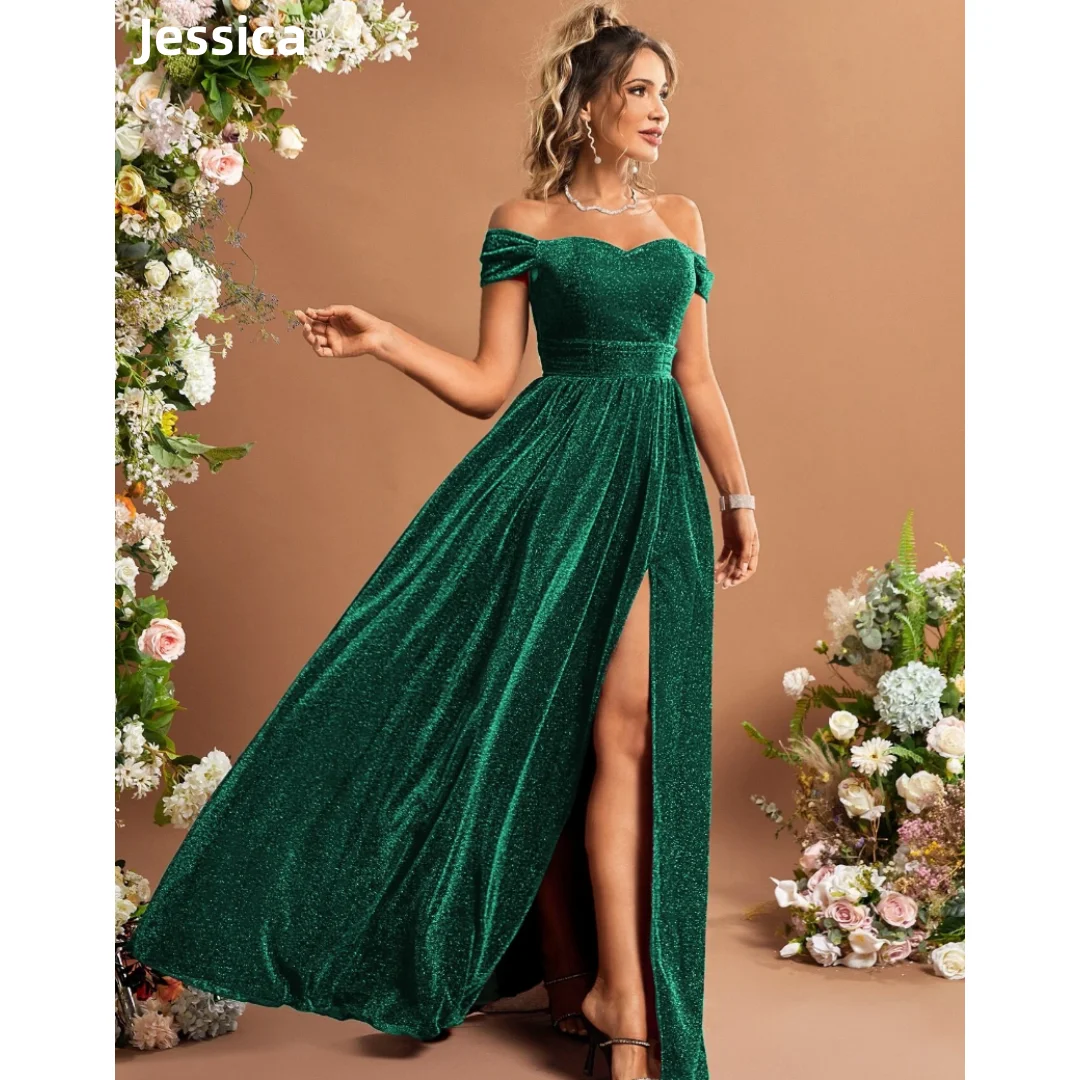 

Jessica A-shaped Flash Prom Dresses Sexy Off-shoulder Green Evening Dresses Side Slits Wedding Party Dress Vestidos De Noche