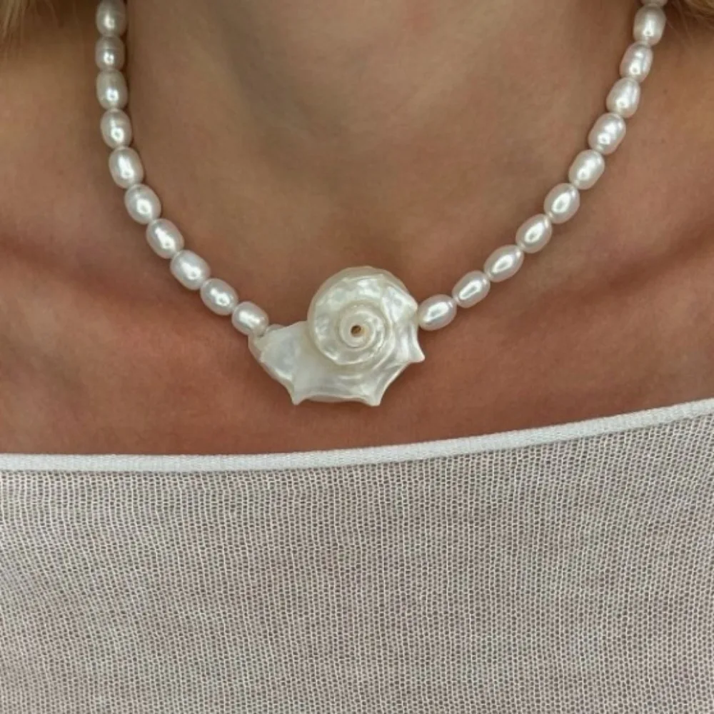 Vintage Bohemian Natural Conch Shell Pendant Necklace For Women Girl Imitation Pearl Beads Choker Beach Hoilday Jewelry Gifts