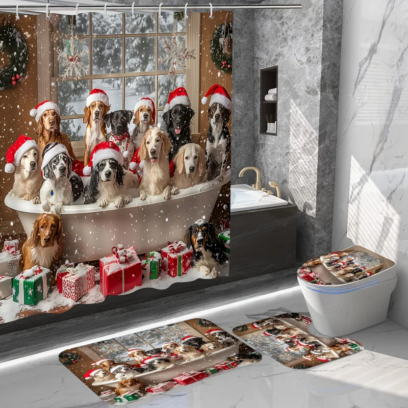 1pc/4pcs Christmas-themed Set, Living Room Snowflake Window View and Bathtub Dog Print Pattern Shower Curtain