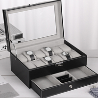 12 Slot PU Leather Watch Storage Boxes Men & Women Jewelry Display Drawer Case 2-Tier Organizer Watch Showcase with Glass Lid