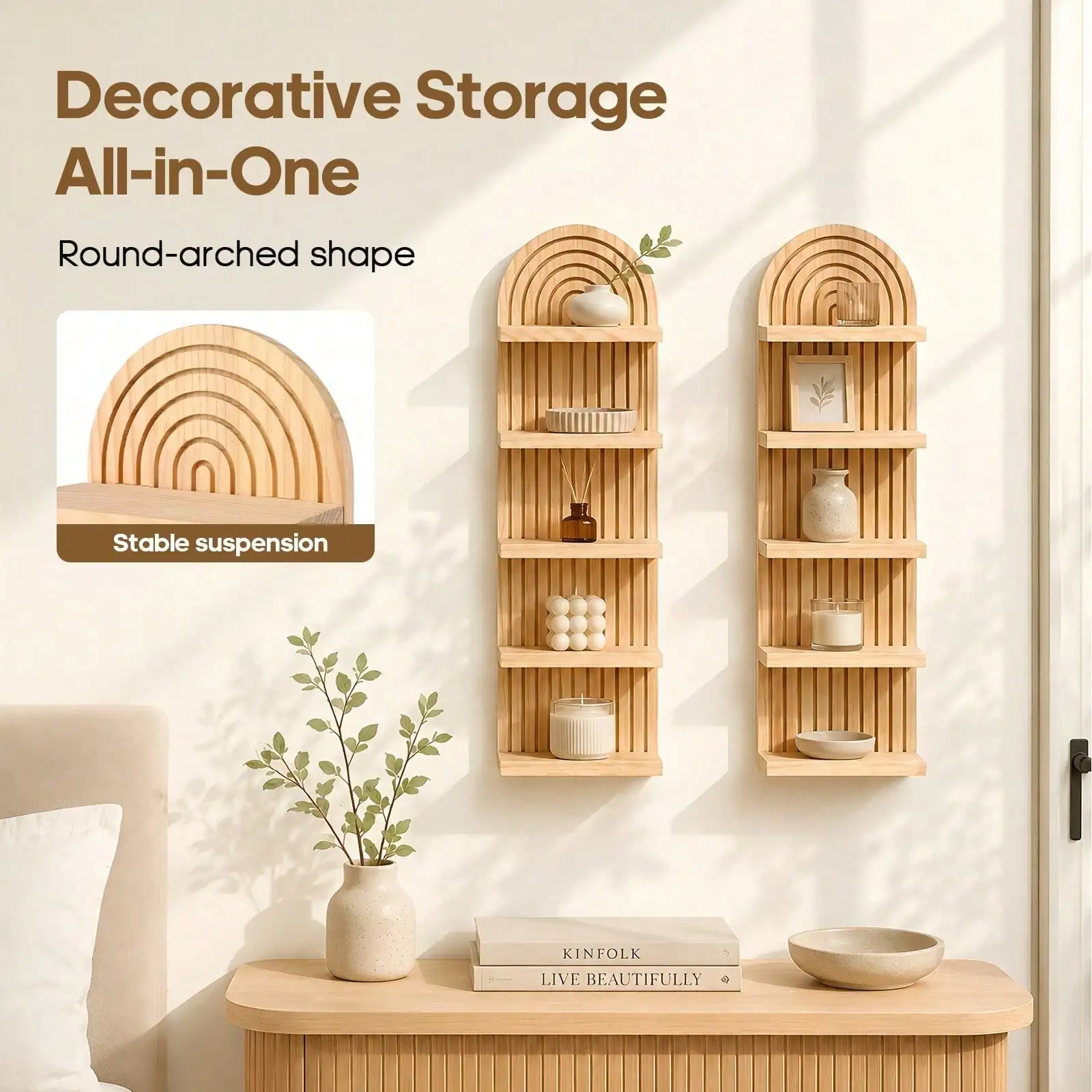 2Pcs Boho Arch‑Top Wooden Wall‑Mounted Shelves, 5‑Tier Display Storage Rack, Bohemian Decor Organizer, For Bedroom/Living Room