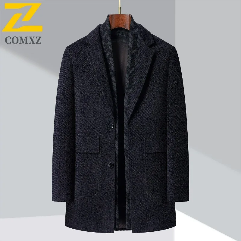 Winter Chenille Overcoat Men 2025 Light Luxury Detachable Goose Down Inner Collar TrenchCoat Business Casual Wool Blend Coat​