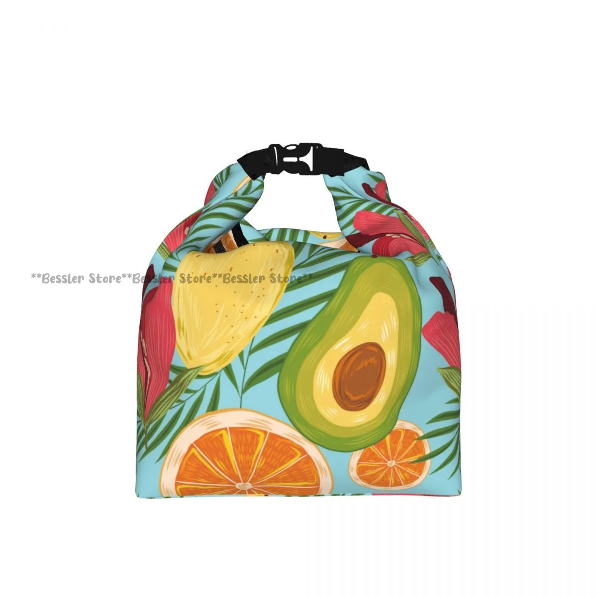 Roll Top Insulated Lunch Bag Tropical Fruit Thermal Food Storage Bag Portable Bento Handbag for Daily Use