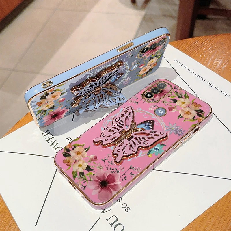 E 20 Flower Butterfly Plating Holder Phone Case For Motorola Moto G13 E13 E22 E32 E20 E22i E7Plus E7Power EDGE 20 EDGE 30 Cover