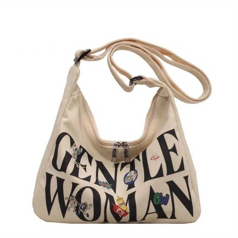 Cartoon Printed Canvas Crossbody Bags with Letters, Simple and Versatile Large Capacity Shoulder Bag, Suitable for Commuting