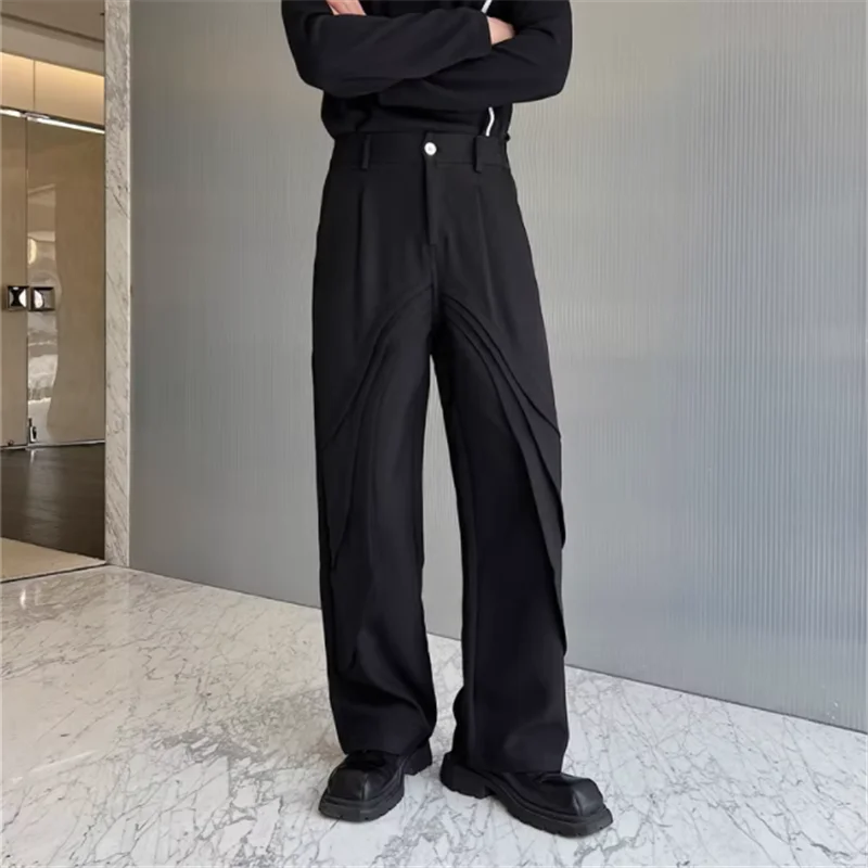 S-6XL!!2023 autumn suit pants men small many pleats deconstructed design sense Korean version of senior wide-leg pants