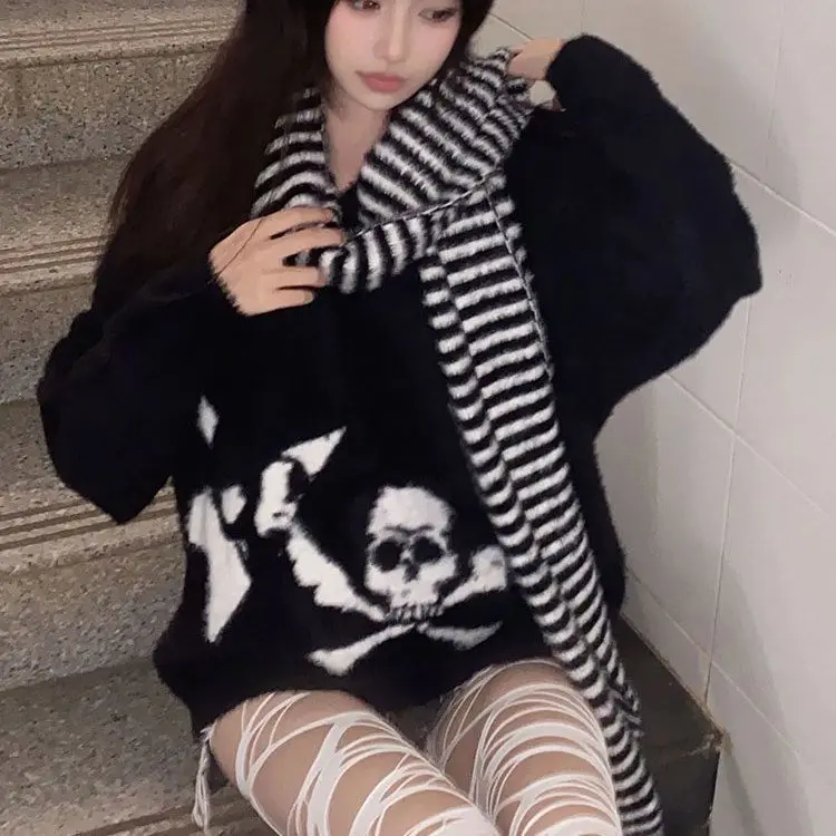 Yk2 Punk Striped Goth Scarf Muffler Girls Grunge Aesthetics Harajuku Y2k Shawl Neckerchief 2000s Vintage Winter Warm Accessories