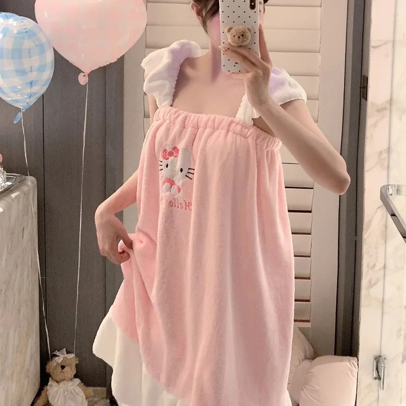 Falda de baño con tirantes de Hello Kitty, serie Cherry Girl Heart, terciopelo Coral, absorbe el agua, no se queda, dibujos animados de Anime de secado rápido