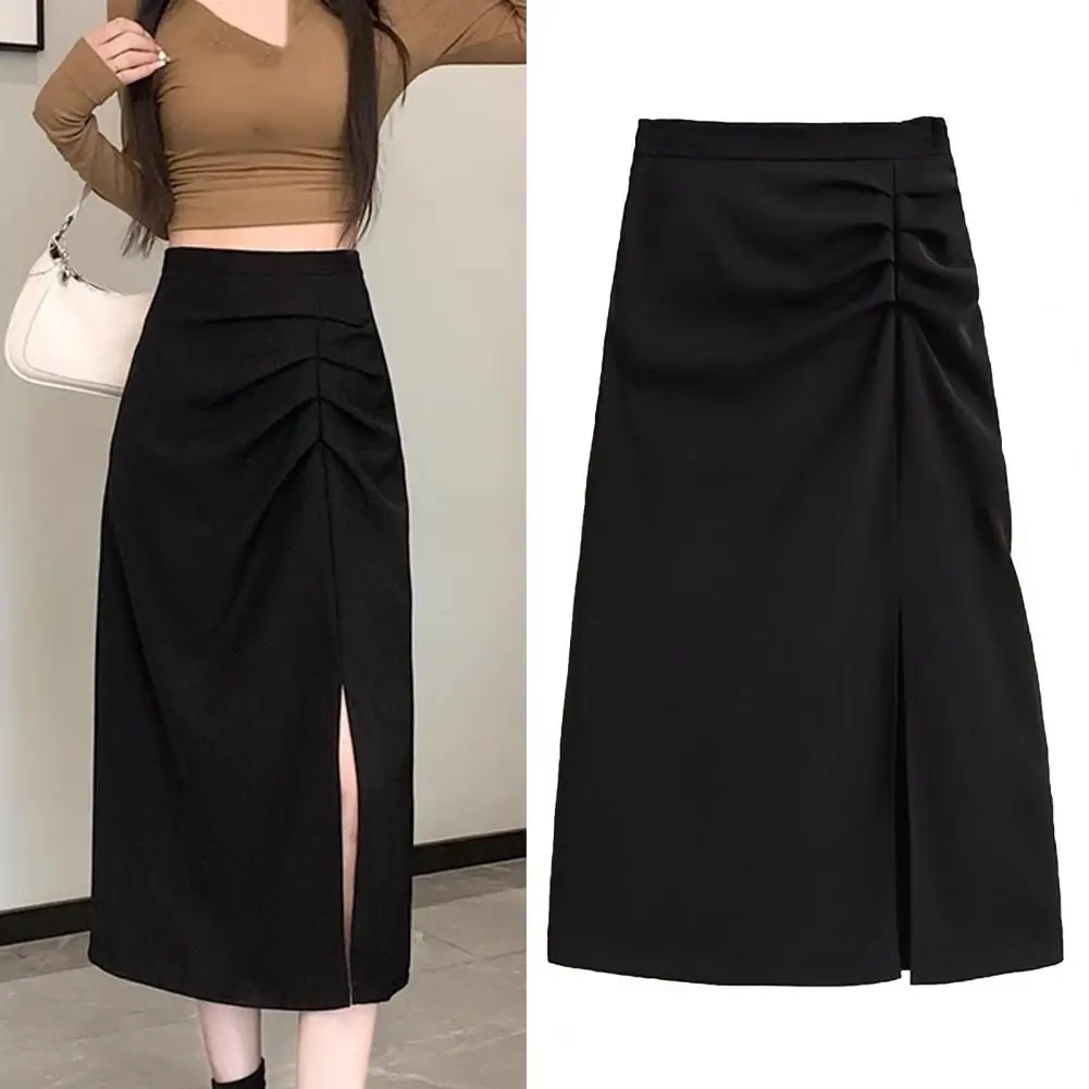 

High-waisted Skirt Stylish Women's Midi Skirts High Waist A-line Design Side Slit Shirring Hip Wrapped Work Leisure for Daily