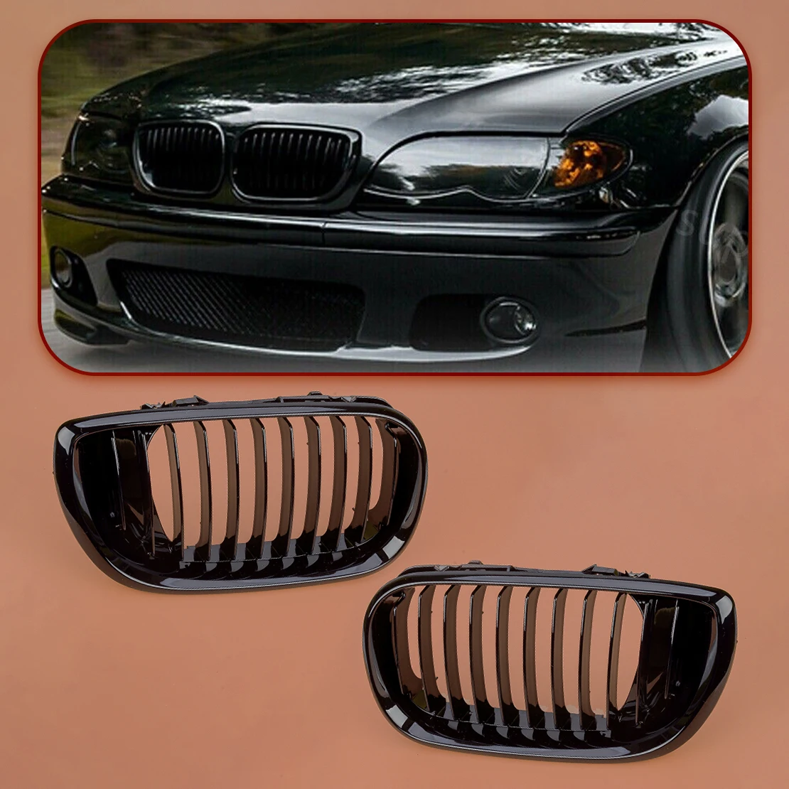 1 Pair Car Front Left & Right Bumper Grille Covers Trims Black ABS Fit for BMW 3 Series E46 Touring Saloon 2002 2003 2004 2005