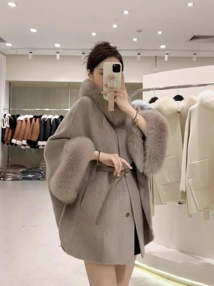Fall Winter New Style Women's Coat Korean Style Woolen Cloak with  Fur Collar Large Size Fashionable Outerwear