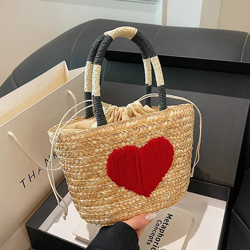 2024 Summer Straw  Women Hand-Woven Handbag Red Hove Heart Knitting Bag Small Drawstring Beach Bag Basket Shopper Femme Bag