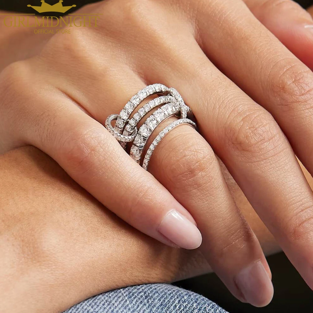2025 New Iced Out Multi Ring Silver Color 4 Link CZ Zircon Connect Band Finger Rings For Women Fashion Jewelry