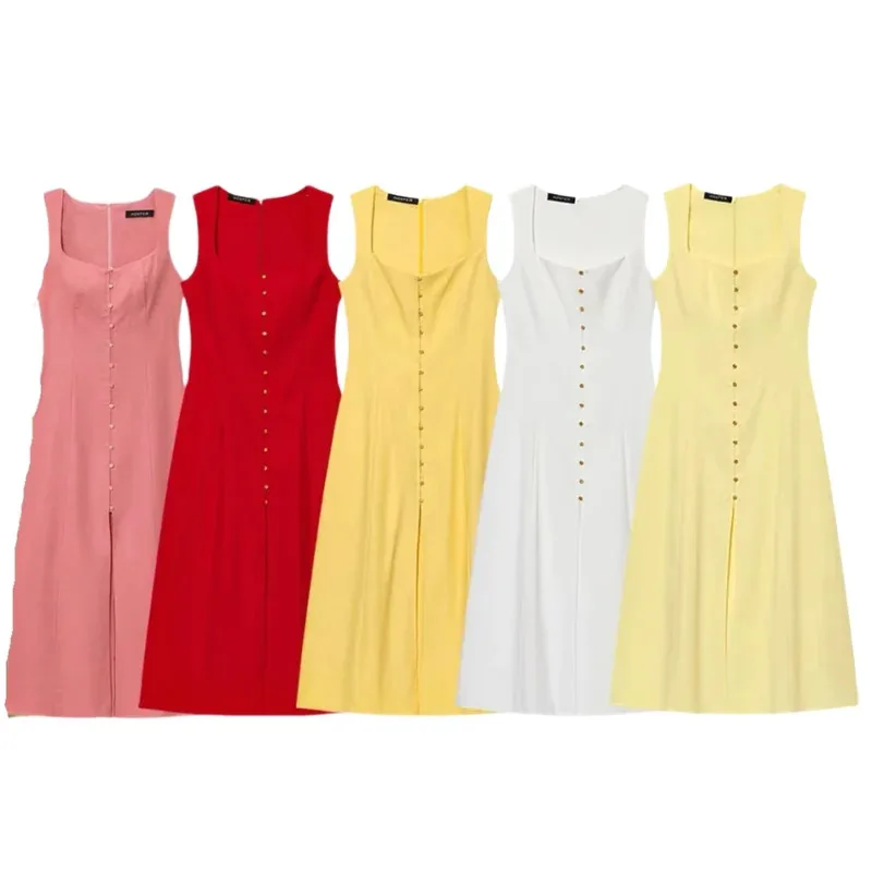 

Women's Casual Linen Vest Dress Solid Color Square Neck Button Slit Sleeveless Zipper Retro Summer Fashion 2025