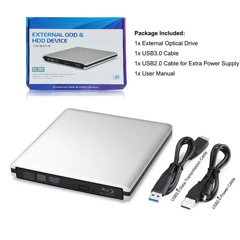 Unidad de Blu-ray de aluminio ultrafina, USB 3,0 externo, quemador de Blu-ray, BD-RE, CD/DVD, RW, puede reproducir disco Blu-ray 3D 4K para ordenador portátil