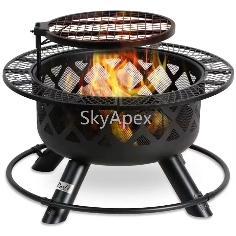Large Outdoor Wood Burning Fire Pit with Poker Cooking Grate Spark Screen Heavy Duty AntiRust  Backyard  Patio  Bonfire  Cooking