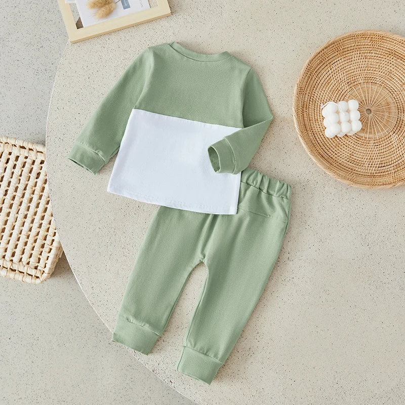 Suefunskry Toddler Boys 2PCS Outfits Long Sleeve Contrast Color Pullover Tops and Drawstring Pants Sets 0-3Years