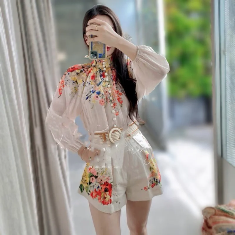 

24New French Style Colorful Flower Print Turtleneck Lantern Sleeve Shirt High Waist Shorts Suit Guangzhou Thirteen Rows