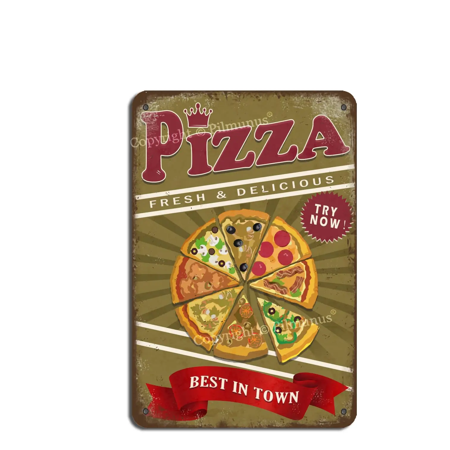 Vintage Metal Tin Sign Fresh&Delicious Pizza Enjoy Best in Town Tin Retro Look Decoration Plaque Sign for Home Kitchen Bathr