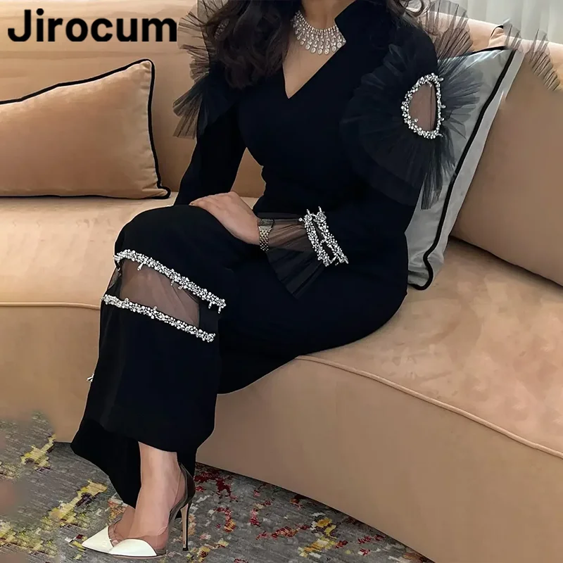 

Jirocum Русалка Пром платья Женское V-образным вырезом Черное вечернее платье с кристаллами и оборками из бисера с длинными рукавами Вечернее платье 2024