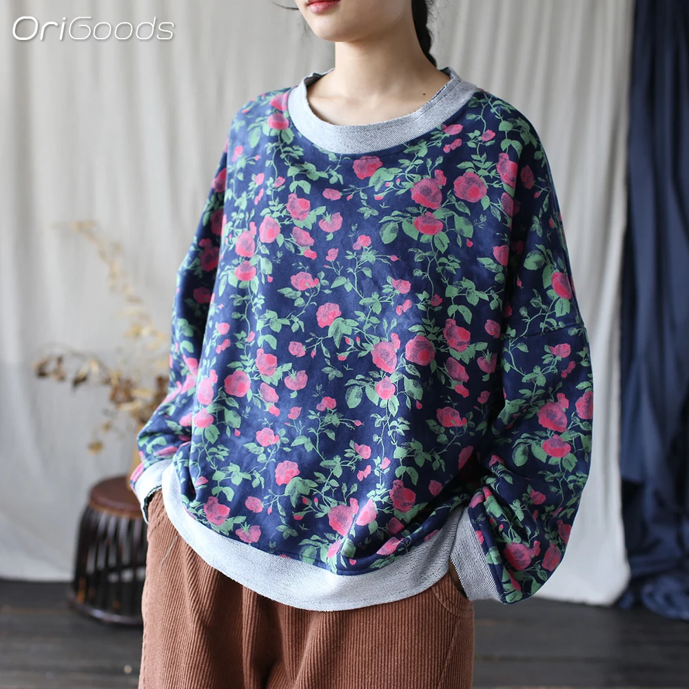 OriGoods Flower Print Oversized Pullover Hoodie Women Cotton 100% Spring Autumn O-neck Loose Oversize Hoodies Women 2024 X112